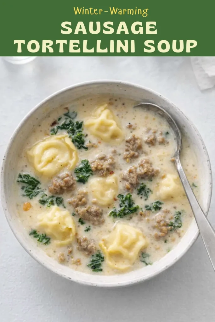 Creamy Sausage Tortellini Soup in a white bowl with kale, cheese tortellini, and sausage in a light cream broth