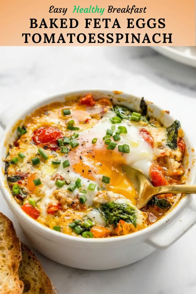 Baked feta eggs with spinach and tomatoes in a ramekin on a plate with bread