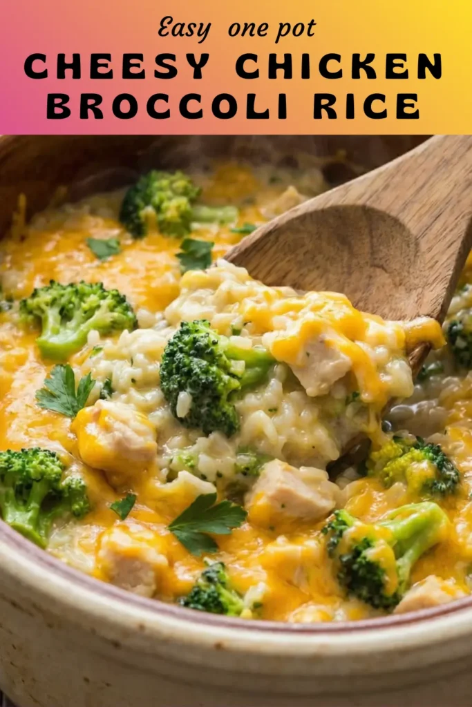 Easy Crockpot Chicken Rice in a modern slow cooker, creamy rice with chunks of chicken and bright green broccoli topped with melted sharp cheddar,