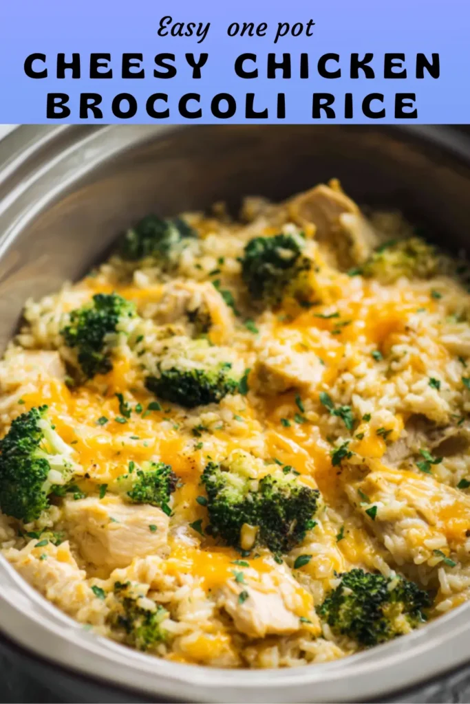 Easy Crockpot Chicken Rice in a modern slow cooker, creamy rice with chunks of chicken and bright green broccoli topped with melted sharp cheddar,