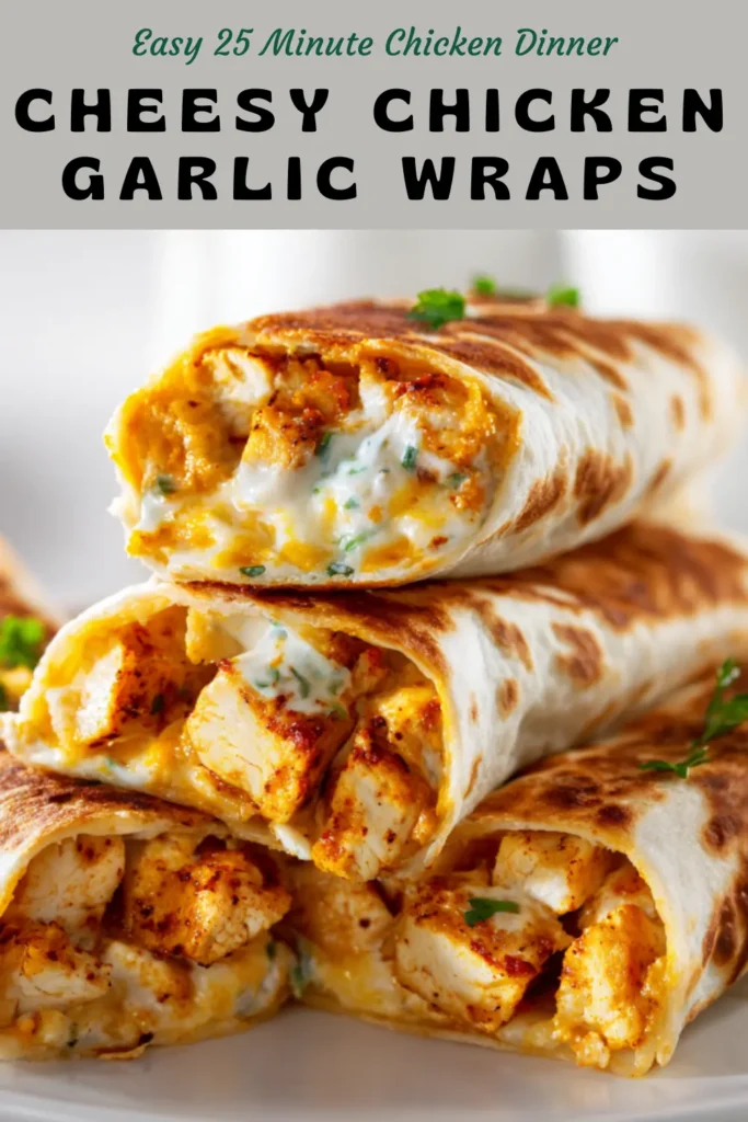 Cheesy chicken garlic wraps cut open showing seasoned chicken, melted cheddar and mozzarella, and creamy garlic sauce.