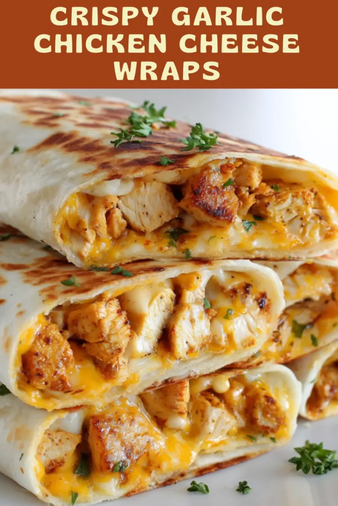 Cheesy chicken garlic wraps cut open showing seasoned chicken, melted cheddar and mozzarella, and creamy garlic sauce.