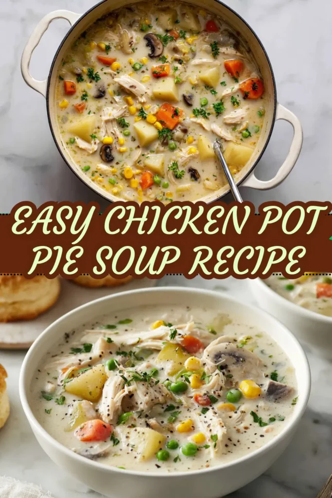 Chicken Pot Pie Soup in a white bowl with chunks of chicken, potatoes, peas, and corn in a creamy broth, topped with parsley