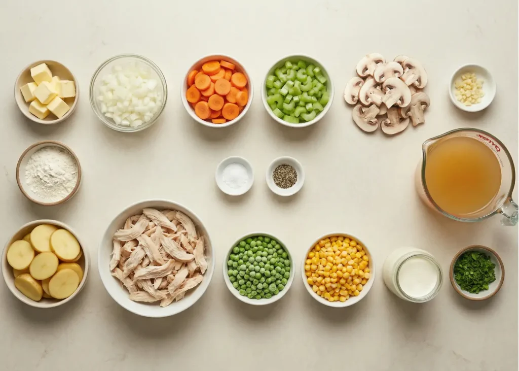 Ingredients for chicken pot pie soup including butter, onion, carrots, celery, mushrooms, garlic, flour, chicken stock, potatoes, shredded chicken, peas, corn, cream, and parsley.